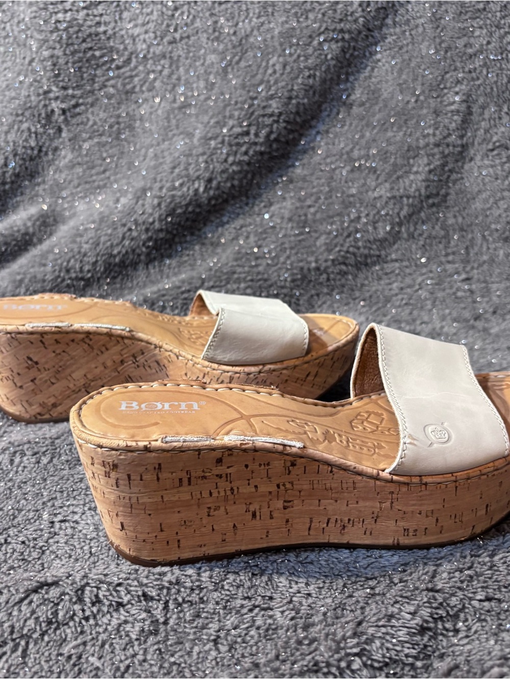 Born Cream Leather Cork Wedge Slide Sandals